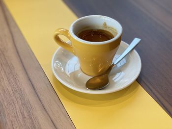 High angle view of coffee cup on table