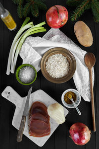 High angle view of vegetables on table