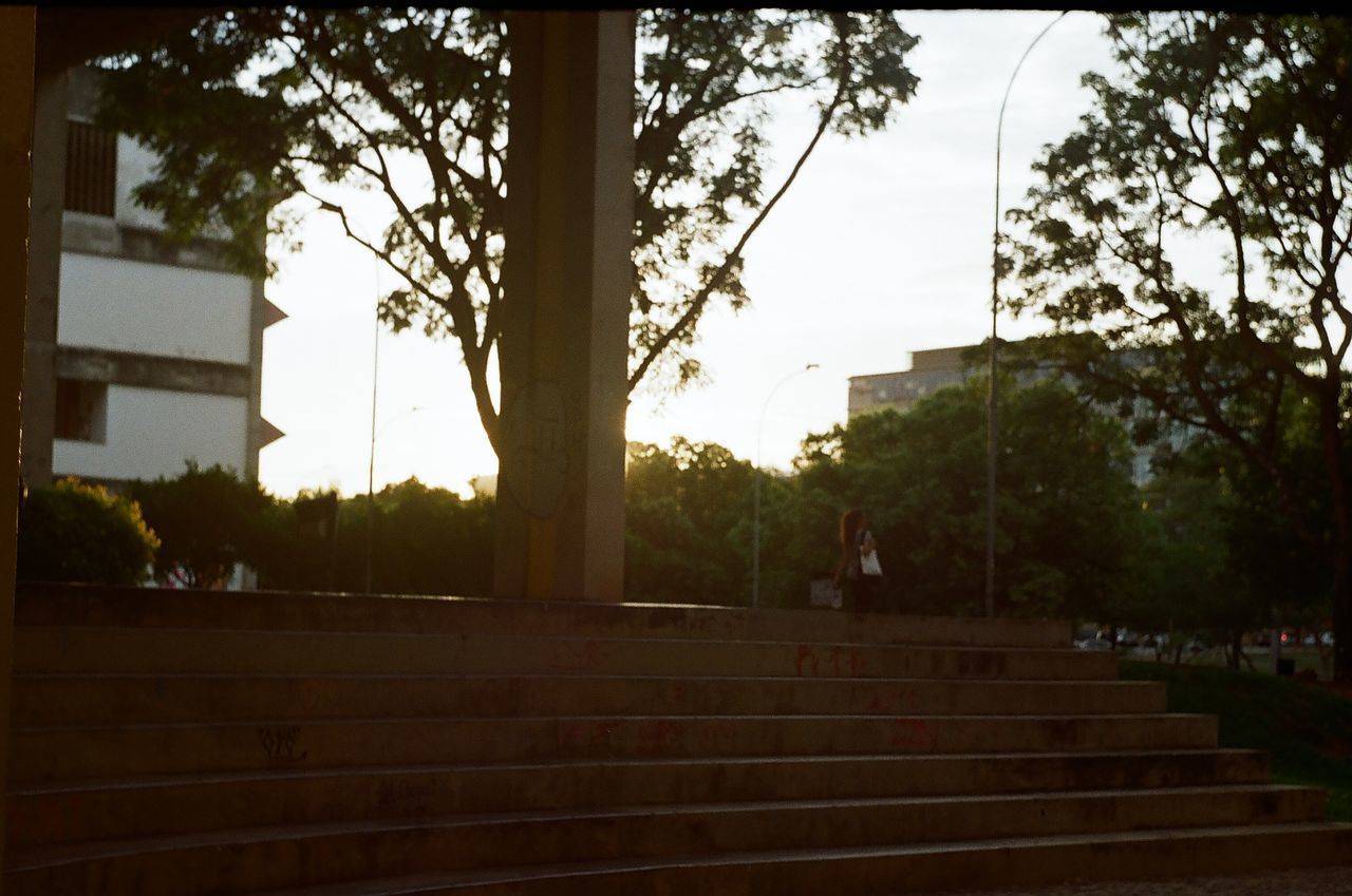 PEOPLE WALKING ON STAIRCASE AMIDST TREES AGAINST SKY