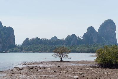 Scenic view of sea and mountains against clear sky