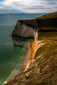 Rock formations by sea against sky