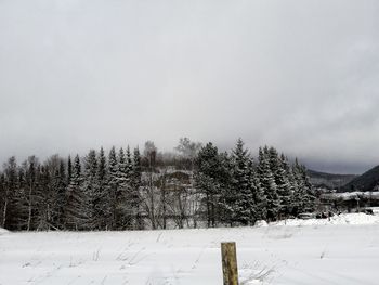 Snow covered landscape against clear sky