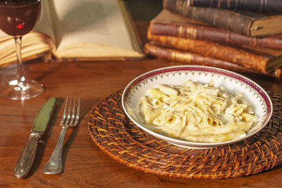 High angle view of food in bowl on table
