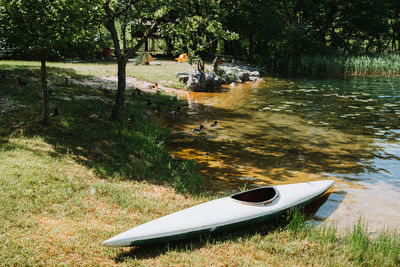 Boat moored on field by lake