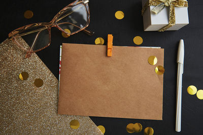 High angle view of christmas decorations on table