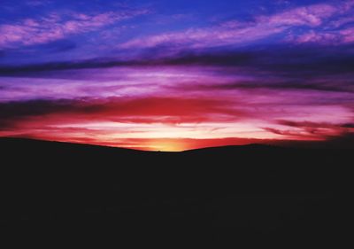 Silhouette landscape against dramatic sky during sunset