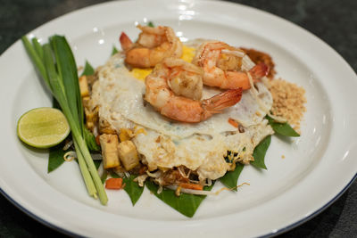 High angle view of food in plate on table