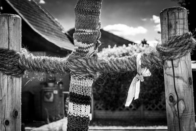 Close-up of rope tied to wooden post