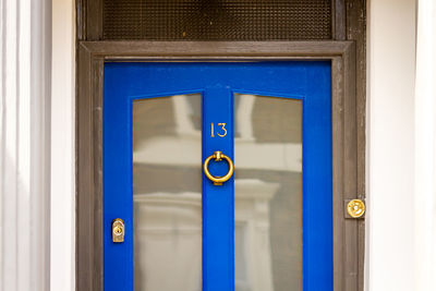 Close-up of closed blue door