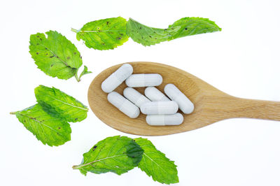 Close-up of green leaves on white background