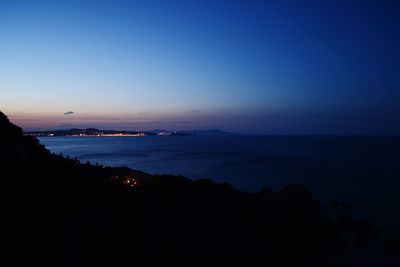 Scenic view of sea against clear sky at sunset