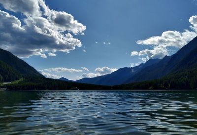 Scenic view of lake and mountains against sky