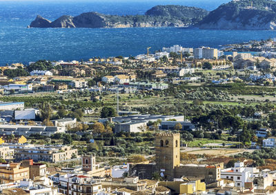 High angle view of buildings in city