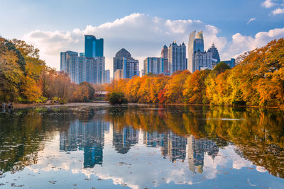 Reflection of buildings in lake