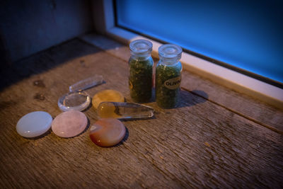 High angle view of bottles on table