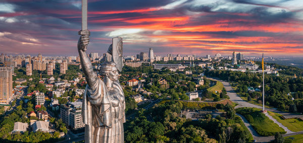 Aerial view of the mother motherland monument in kiev.