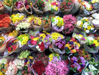 High angle view of various flowers on market stall