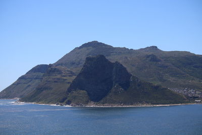 Scenic view of sea and mountains against clear blue sky