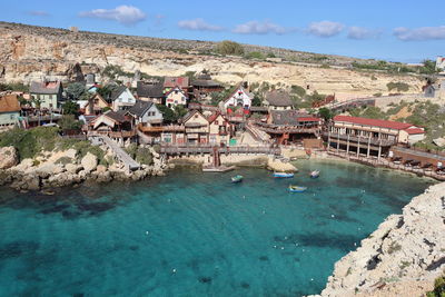 High angle view of swimming pool in town