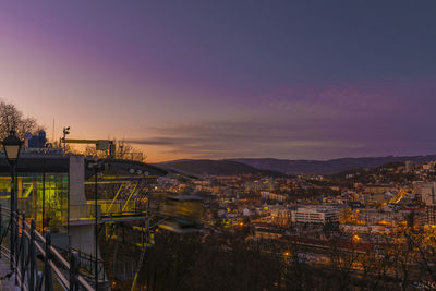 High angle view of illuminated cityscape against sky during sunset