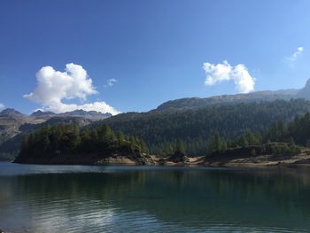 Scenic view of lake and mountains against sky