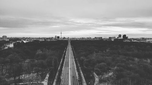 High angle view of road against sky in city