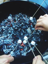 Close-up of people roasting marshmallows