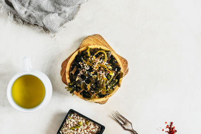 High angle view of breakfast on table