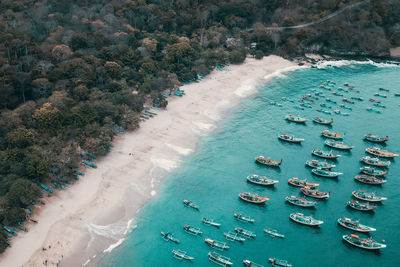 High angle view of boats moored in sea