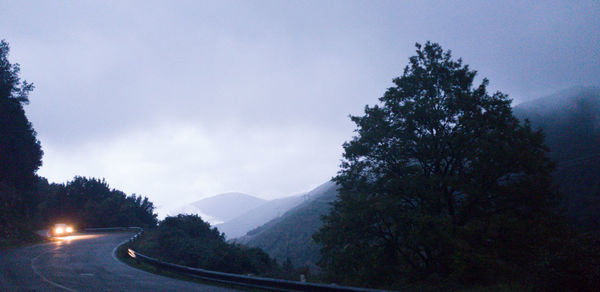 Silhouette trees by road against sky