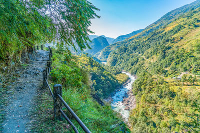 Scenic view of river amidst mountains against sky