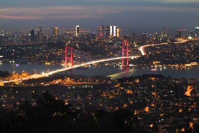 High angle view of illuminated city against sky at night