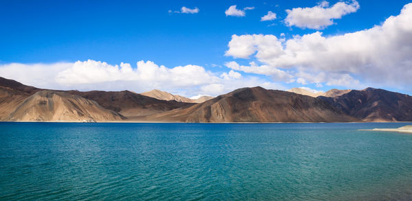 Panoramic view of mountains against blue sky