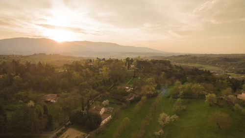 High angle view of townscape against sky during sunset