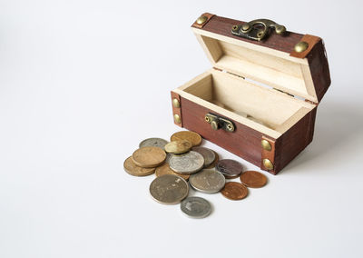 Close-up of coins on white background