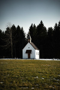 Green landscape and church against trees