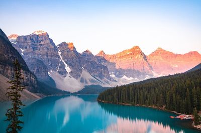 Scenic view of lake and mountains against clear sky