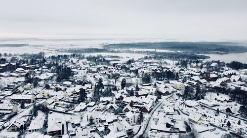 High angle view of townscape against sky during winter