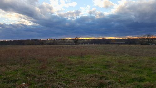 Scenic view of grassy field against cloudy sky