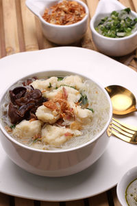 High angle view of food in bowl on table