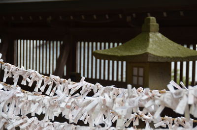 Praying papers hanging against japanese shrine