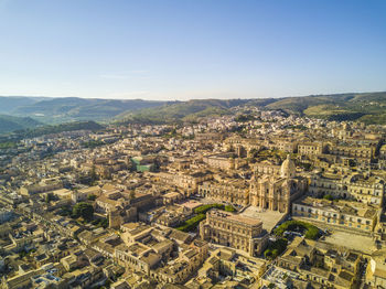 High angle view of cityscape against clear sky