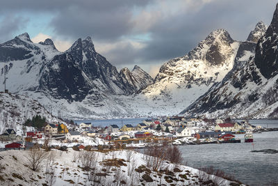 Scenic view of snow covered mountains against sky