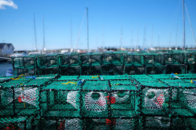Of crab pots at harbor against clear sky