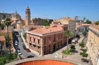 High angle view of buildings in town