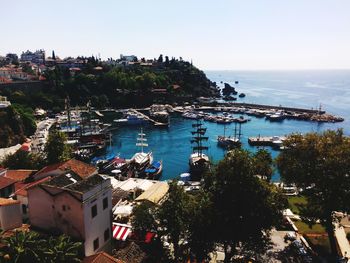 High angle view of harbor against clear sky