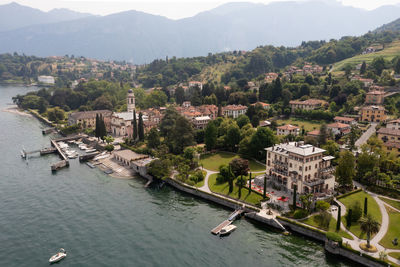 High angle view of boats in bay