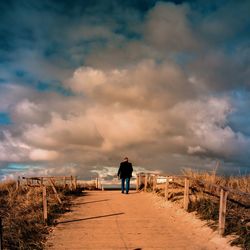 Rear view of man standing on land against sky