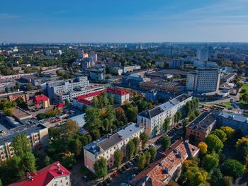 High angle view of buildings in city