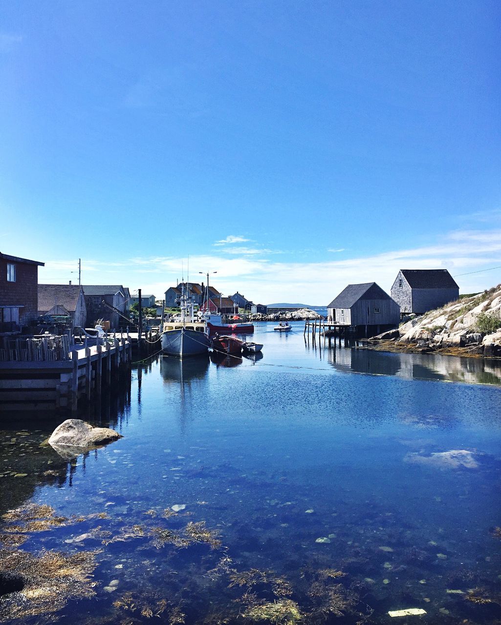 SEA BY BUILDINGS AGAINST SKY